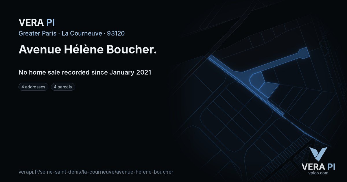 Avenue Hélène Boucher, La Courneuve at night – every parcel coloured by the prices around it, the street's own parcels lit