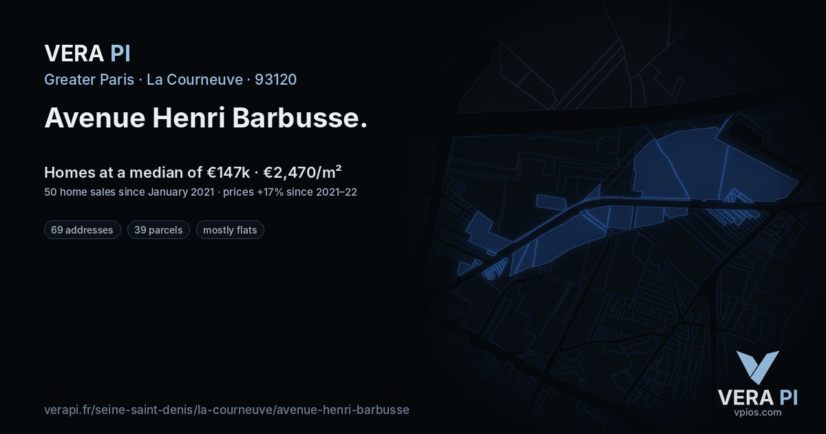 Avenue Henri Barbusse, La Courneuve at night – every parcel coloured by the prices around it, the street's own parcels lit