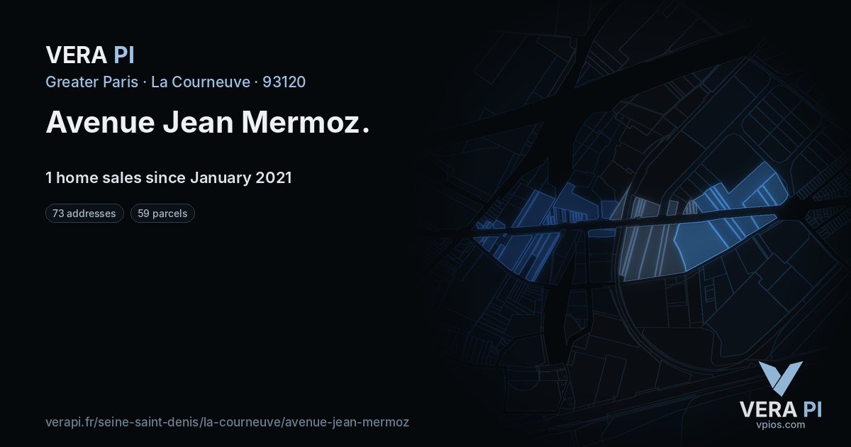 Avenue Jean Mermoz, La Courneuve at night – every parcel coloured by the prices around it, the street's own parcels lit