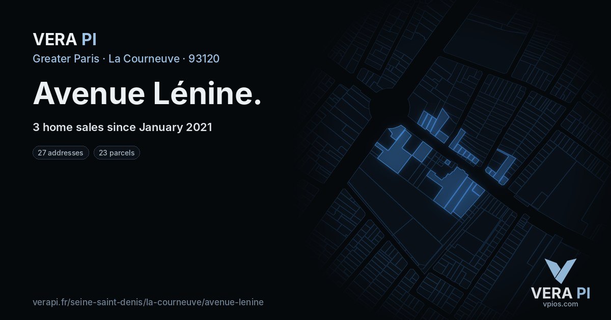 Avenue Lénine, La Courneuve at night – every parcel coloured by the prices around it, the street's own parcels lit