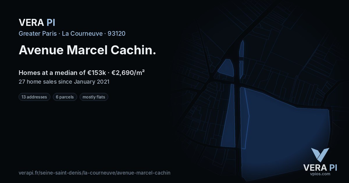 Avenue Marcel Cachin, La Courneuve at night – every parcel coloured by the prices around it, the street's own parcels lit