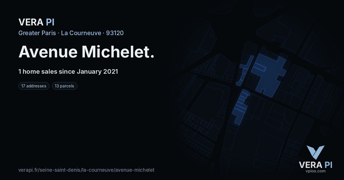 Avenue Michelet, La Courneuve at night – every parcel coloured by the prices around it, the street's own parcels lit