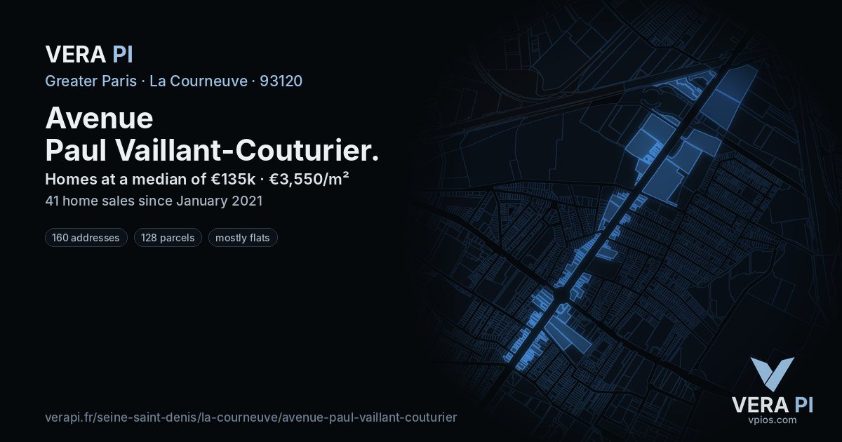 Avenue Paul Vaillant-Couturier, La Courneuve at night – every parcel coloured by the prices around it, the street's own parcels lit