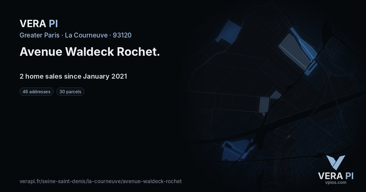 Avenue Waldeck Rochet, La Courneuve at night – every parcel coloured by the prices around it, the street's own parcels lit