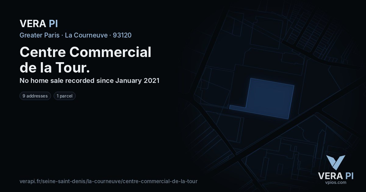 Centre Commercial de la Tour, La Courneuve at night – every parcel coloured by the prices around it, the street's own parcels lit