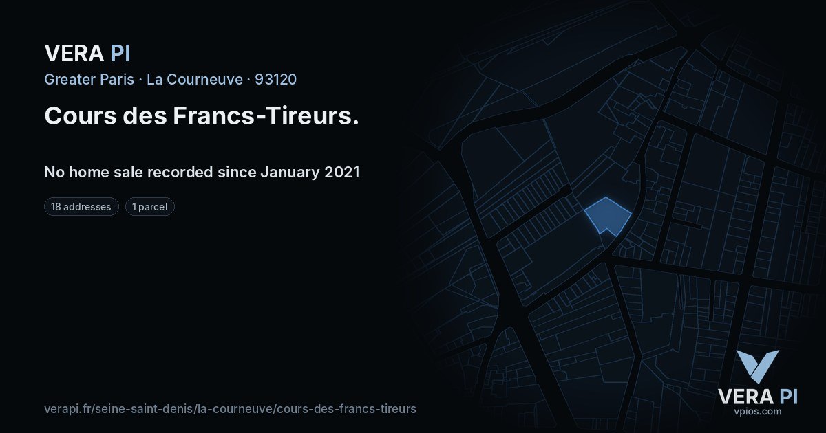 Cours des Francs-Tireurs, La Courneuve at night – every parcel coloured by the prices around it, the street's own parcels lit