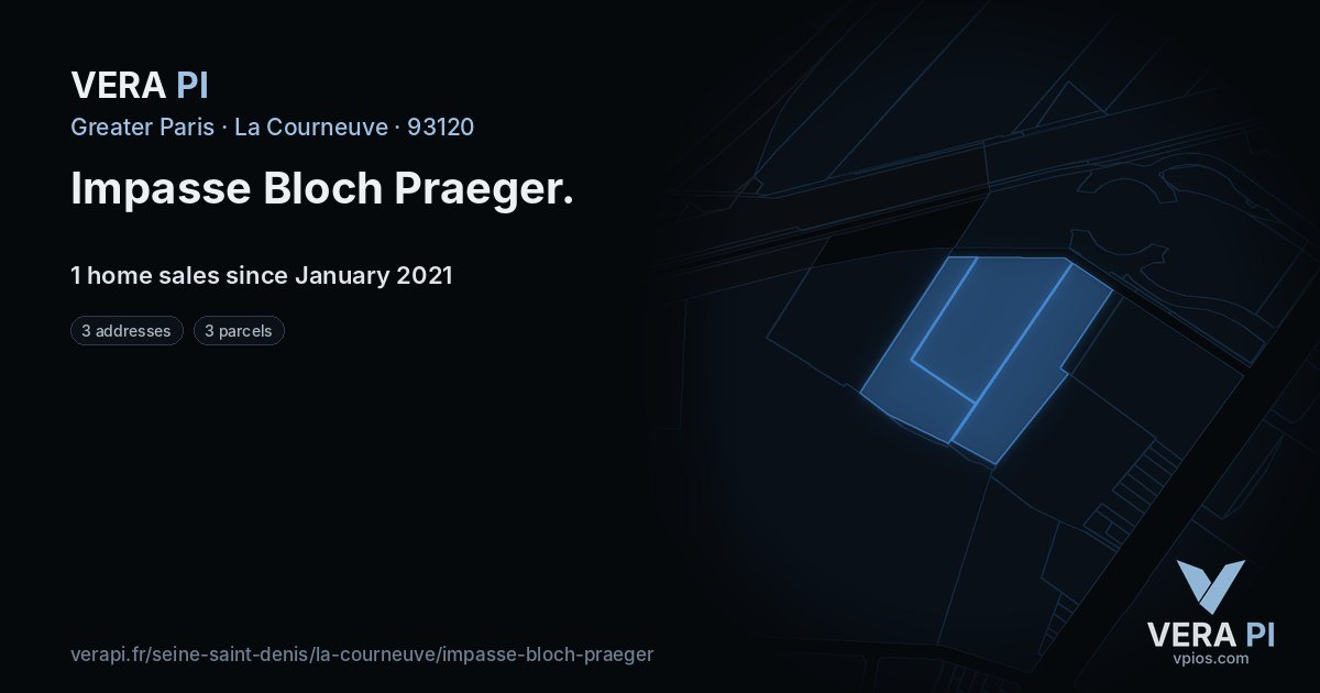 Impasse Bloch Praeger, La Courneuve at night – every parcel coloured by the prices around it, the street's own parcels lit