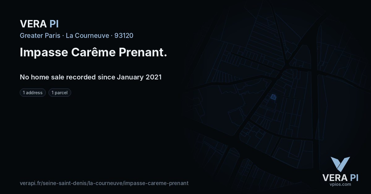 Impasse Carême Prenant, La Courneuve at night – every parcel coloured by the prices around it, the street's own parcels lit