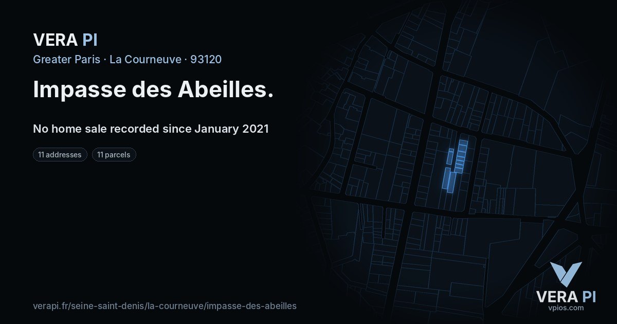 Impasse des Abeilles, La Courneuve at night – every parcel coloured by the prices around it, the street's own parcels lit