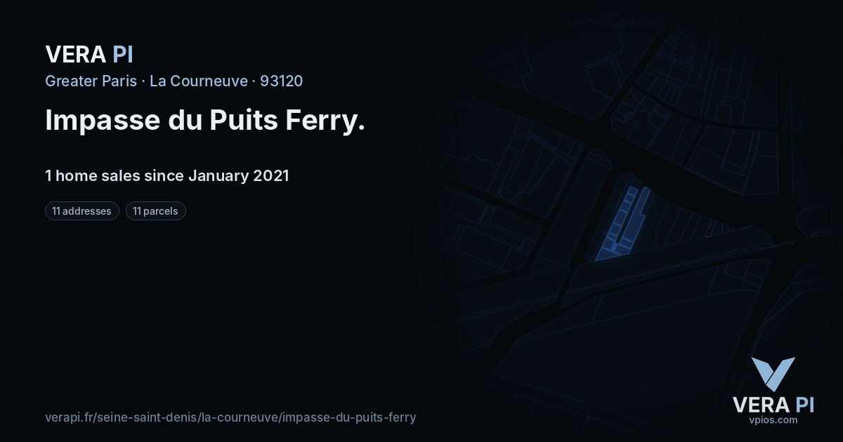 Impasse du Puits Ferry, La Courneuve at night – every parcel coloured by the prices around it, the street's own parcels lit