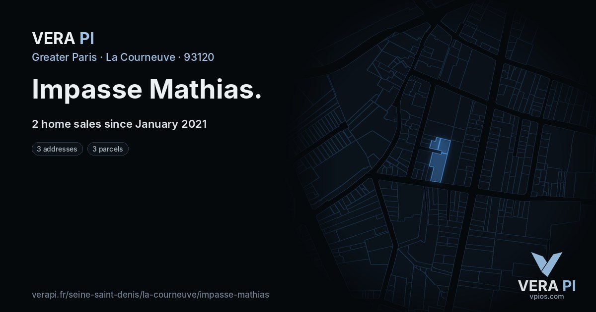 Impasse Mathias, La Courneuve at night – every parcel coloured by the prices around it, the street's own parcels lit