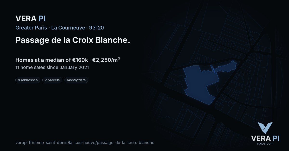 Passage de la Croix Blanche, La Courneuve at night – every parcel coloured by the prices around it, the street's own parcels lit