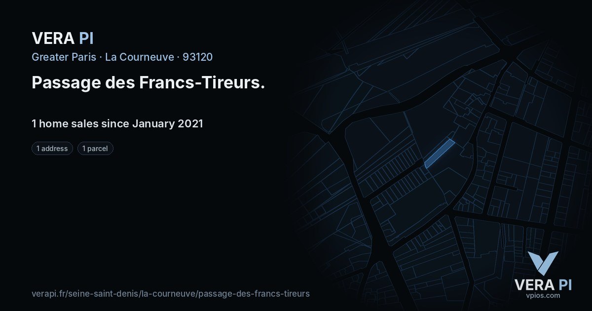 Passage des Francs-Tireurs, La Courneuve at night – every parcel coloured by the prices around it, the street's own parcels lit