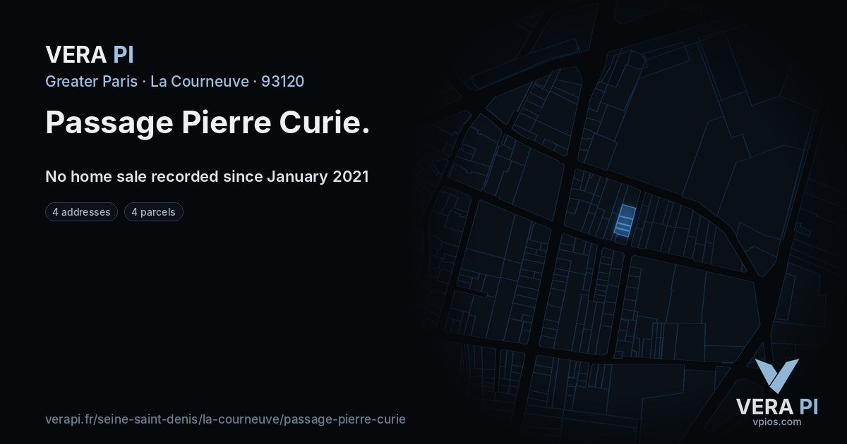 Passage Pierre Curie, La Courneuve at night – every parcel coloured by the prices around it, the street's own parcels lit