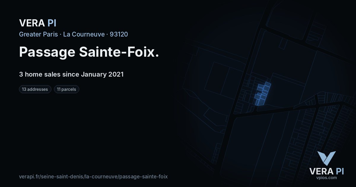 Passage Sainte-Foix, La Courneuve at night – every parcel coloured by the prices around it, the street's own parcels lit