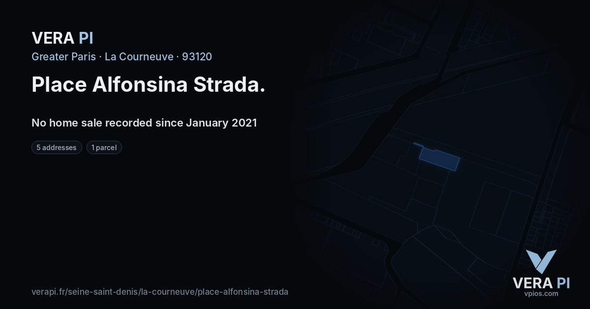 Place Alfonsina Strada, La Courneuve at night – every parcel coloured by the prices around it, the street's own parcels lit