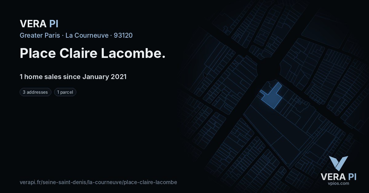 Place Claire Lacombe, La Courneuve at night – every parcel coloured by the prices around it, the street's own parcels lit