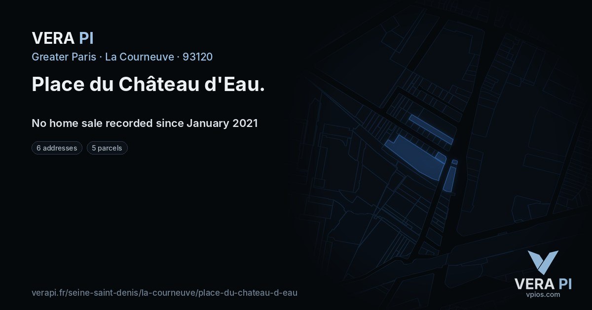 Place du Château d'Eau, La Courneuve at night – every parcel coloured by the prices around it, the street's own parcels lit