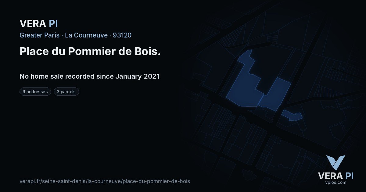 Place du Pommier de Bois, La Courneuve at night – every parcel coloured by the prices around it, the street's own parcels lit