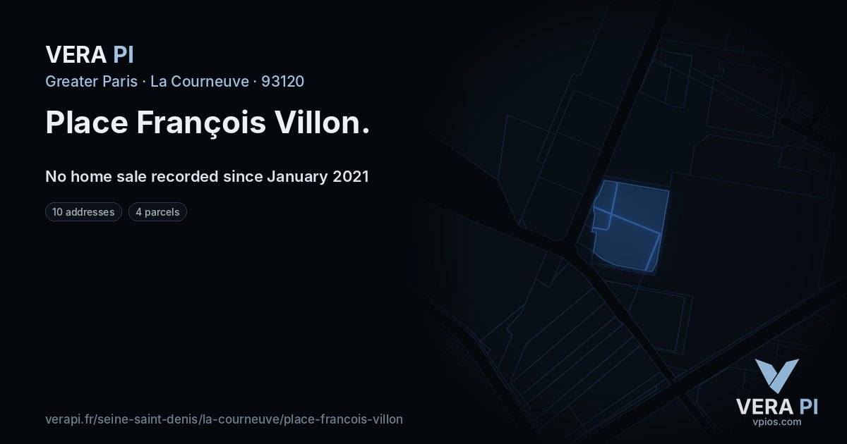 Place François Villon, La Courneuve at night – every parcel coloured by the prices around it, the street's own parcels lit