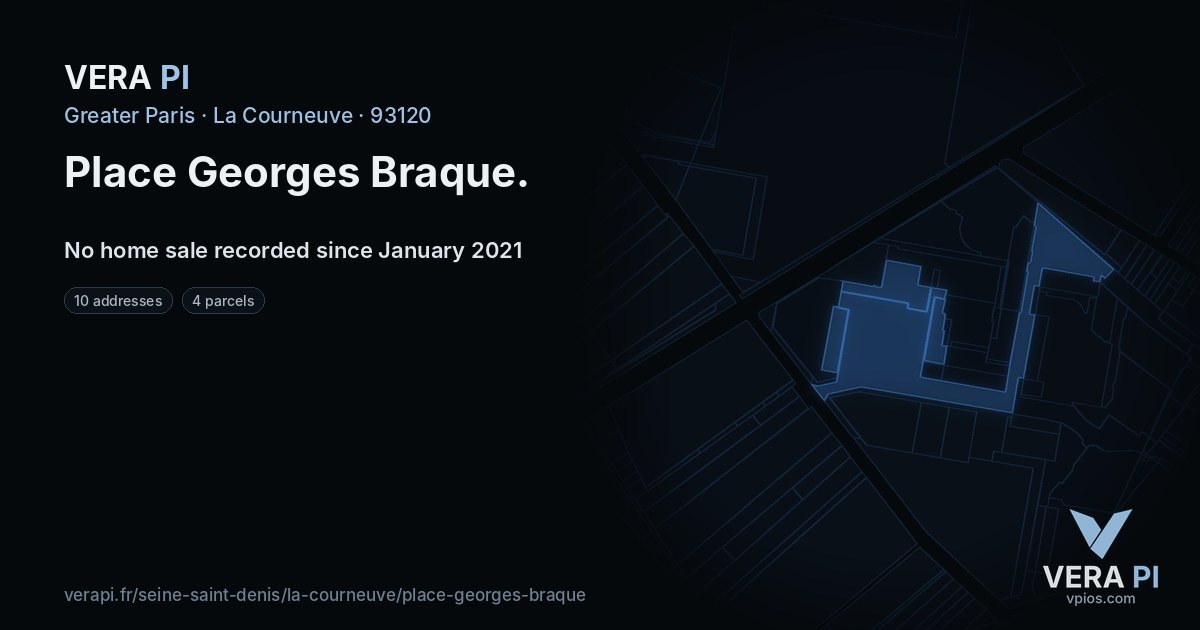 Place Georges Braque, La Courneuve at night – every parcel coloured by the prices around it, the street's own parcels lit
