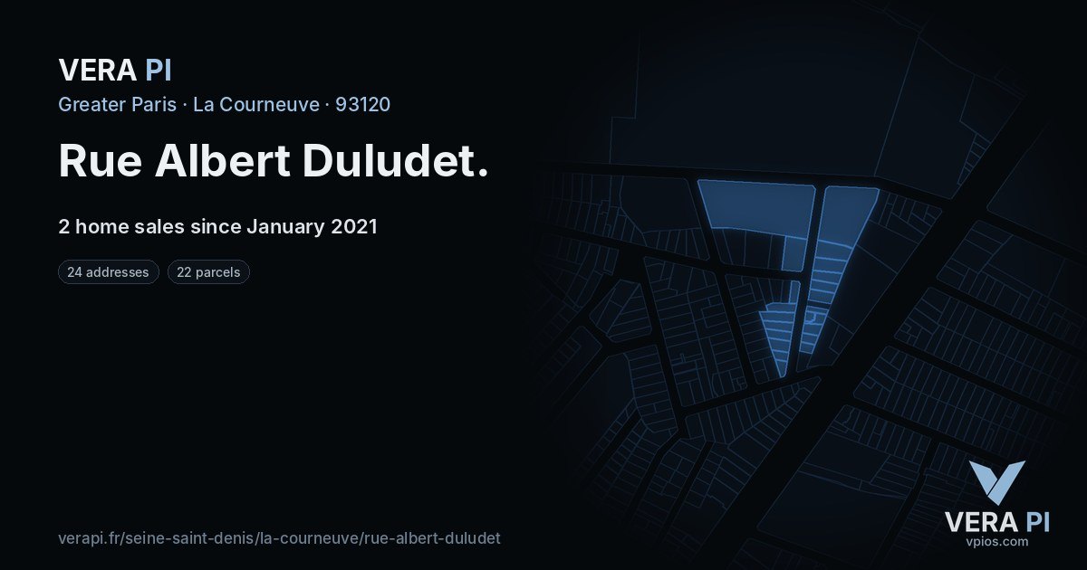 Rue Albert Duludet, La Courneuve at night – every parcel coloured by the prices around it, the street's own parcels lit