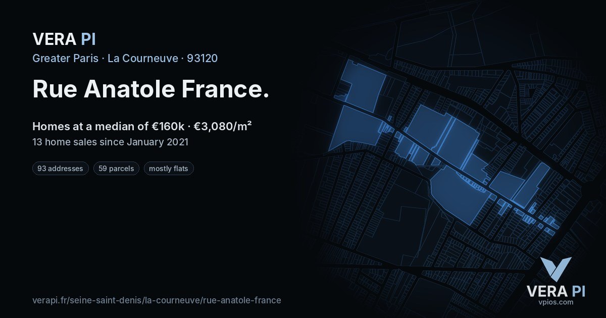 Rue Anatole France, La Courneuve at night – every parcel coloured by the prices around it, the street's own parcels lit