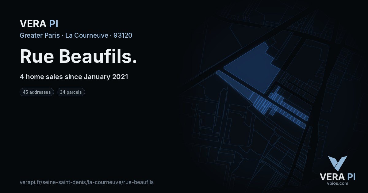 Rue Beaufils, La Courneuve at night – every parcel coloured by the prices around it, the street's own parcels lit