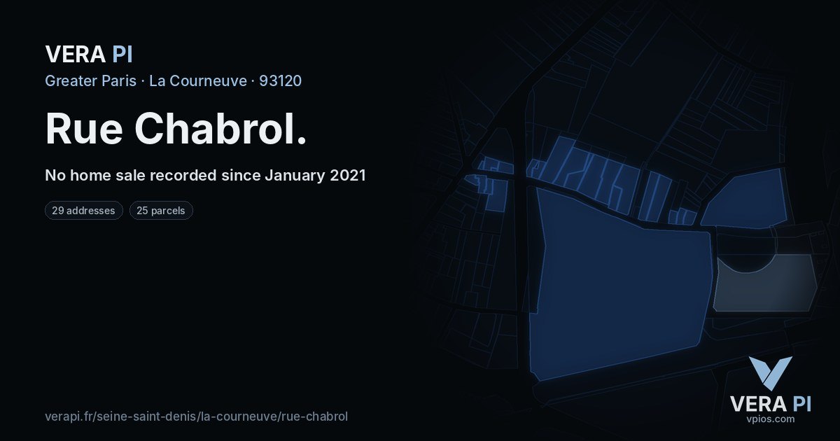 Rue Chabrol, La Courneuve at night – every parcel coloured by the prices around it, the street's own parcels lit