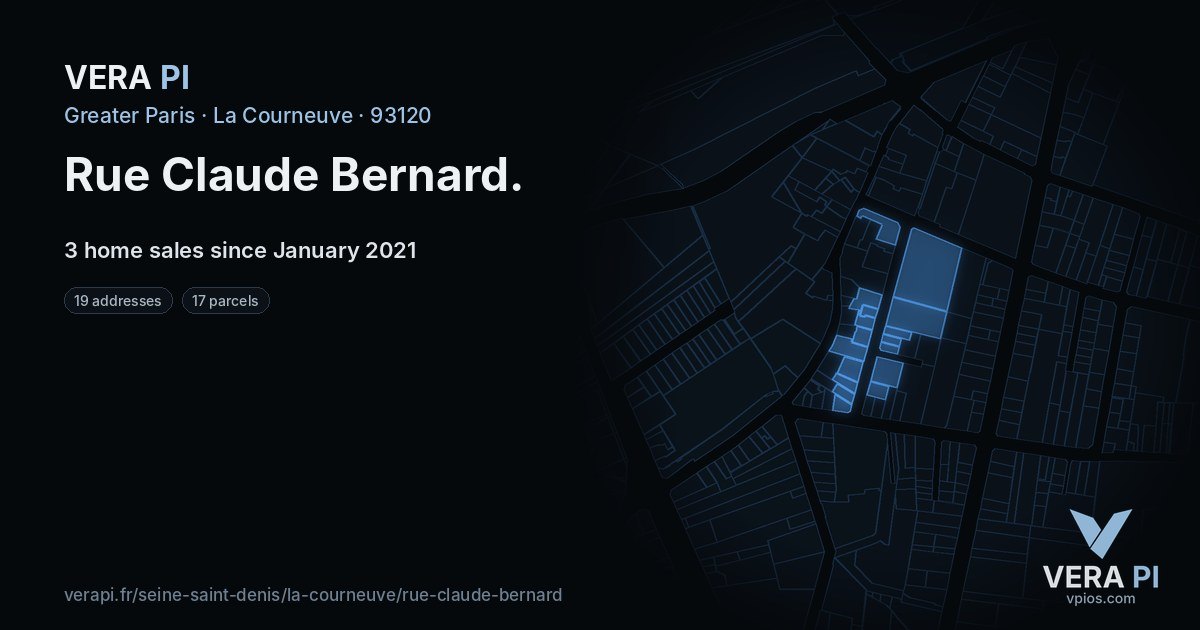 Rue Claude Bernard, La Courneuve at night – every parcel coloured by the prices around it, the street's own parcels lit