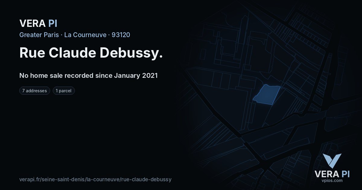Rue Claude Debussy, La Courneuve at night – every parcel coloured by the prices around it, the street's own parcels lit