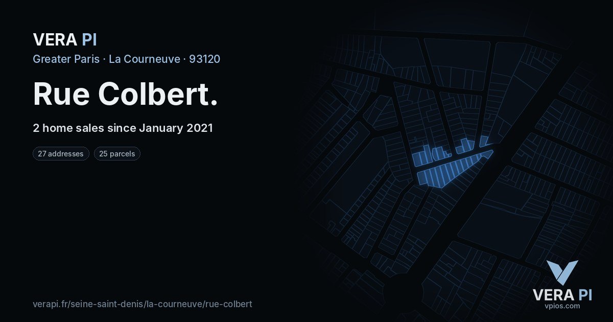 Rue Colbert, La Courneuve at night – every parcel coloured by the prices around it, the street's own parcels lit