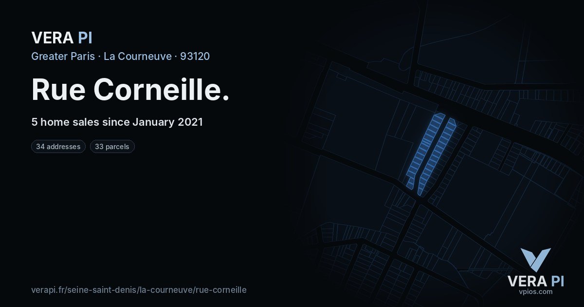 Rue Corneille, La Courneuve at night – every parcel coloured by the prices around it, the street's own parcels lit