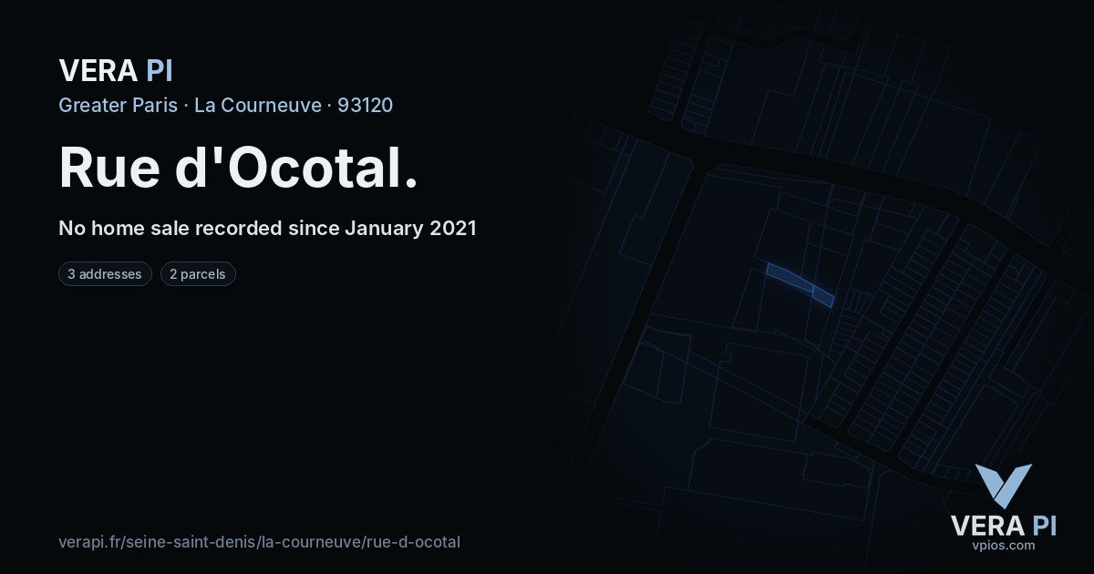 Rue d'Ocotal, La Courneuve at night – every parcel coloured by the prices around it, the street's own parcels lit