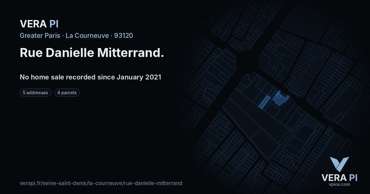 Rue Danielle Mitterrand, La Courneuve at night – every parcel coloured by the prices around it, the street's own parcels lit