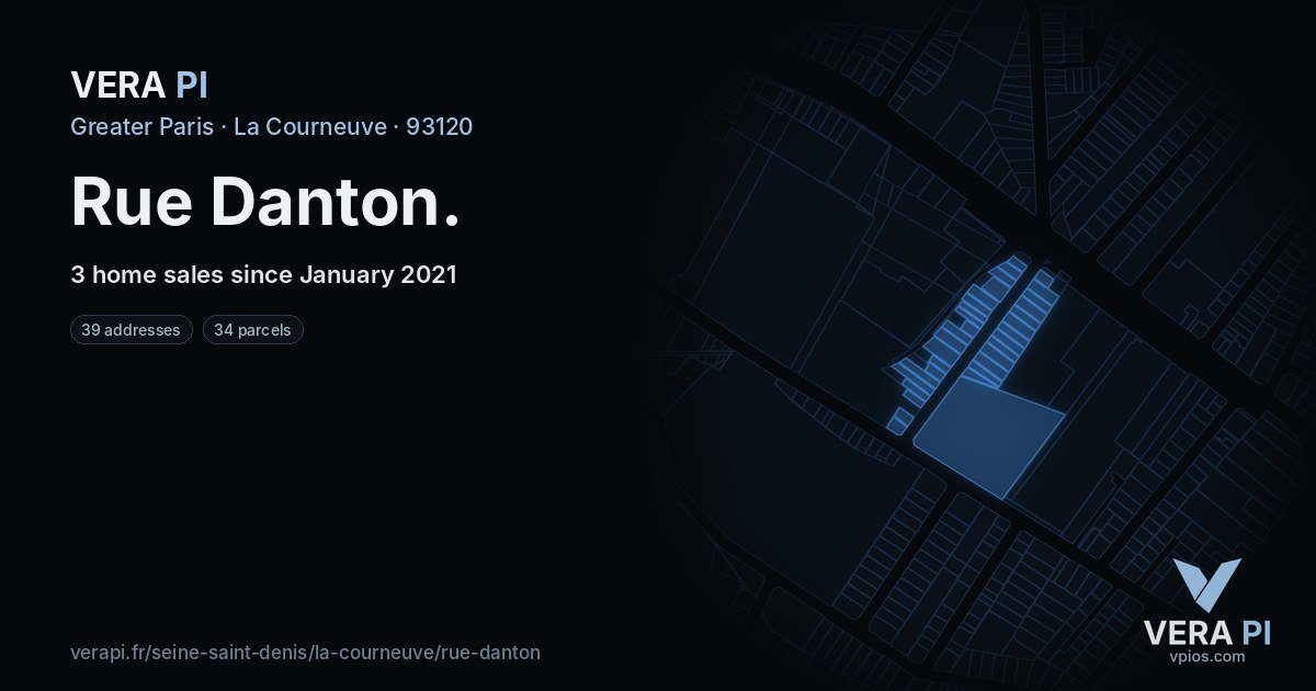 Rue Danton, La Courneuve at night – every parcel coloured by the prices around it, the street's own parcels lit