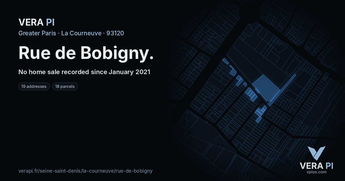 Rue de Bobigny, La Courneuve at night – every parcel coloured by the prices around it, the street's own parcels lit
