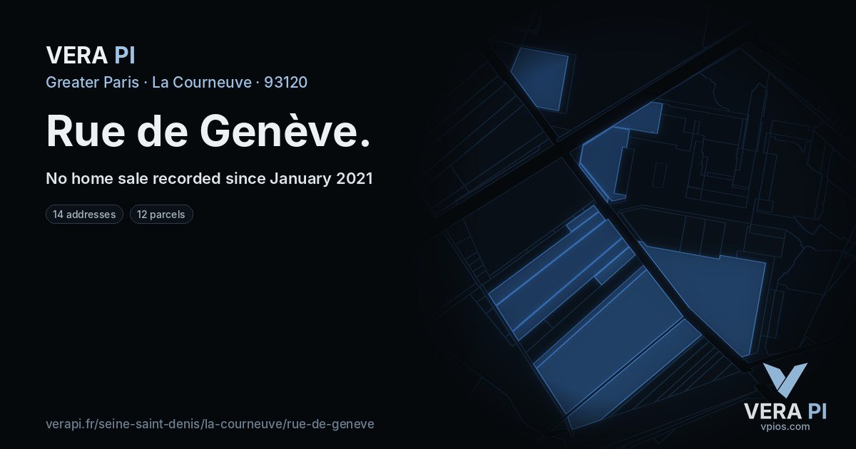 Rue de Genève, La Courneuve at night – every parcel coloured by the prices around it, the street's own parcels lit