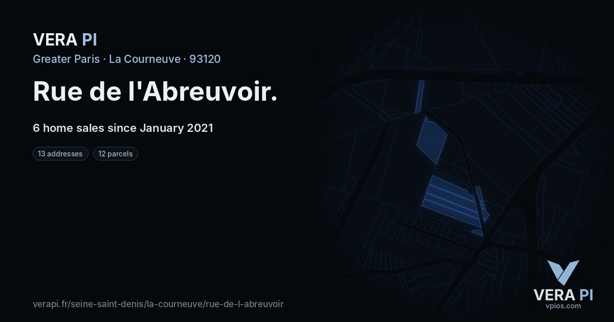 Rue de l'Abreuvoir, La Courneuve at night – every parcel coloured by the prices around it, the street's own parcels lit