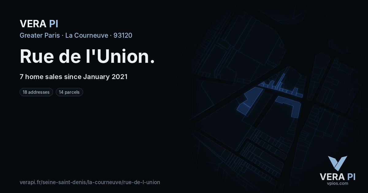 Rue de l'Union, La Courneuve at night – every parcel coloured by the prices around it, the street's own parcels lit