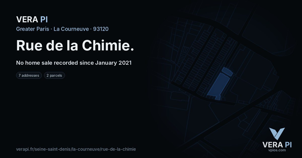 Rue de la Chimie, La Courneuve at night – every parcel coloured by the prices around it, the street's own parcels lit