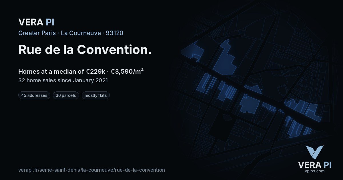 Rue de la Convention, La Courneuve at night – every parcel coloured by the prices around it, the street's own parcels lit