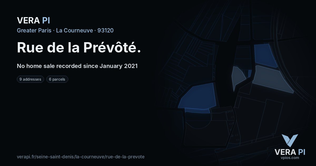 Rue de la Prévôté, La Courneuve at night – every parcel coloured by the prices around it, the street's own parcels lit