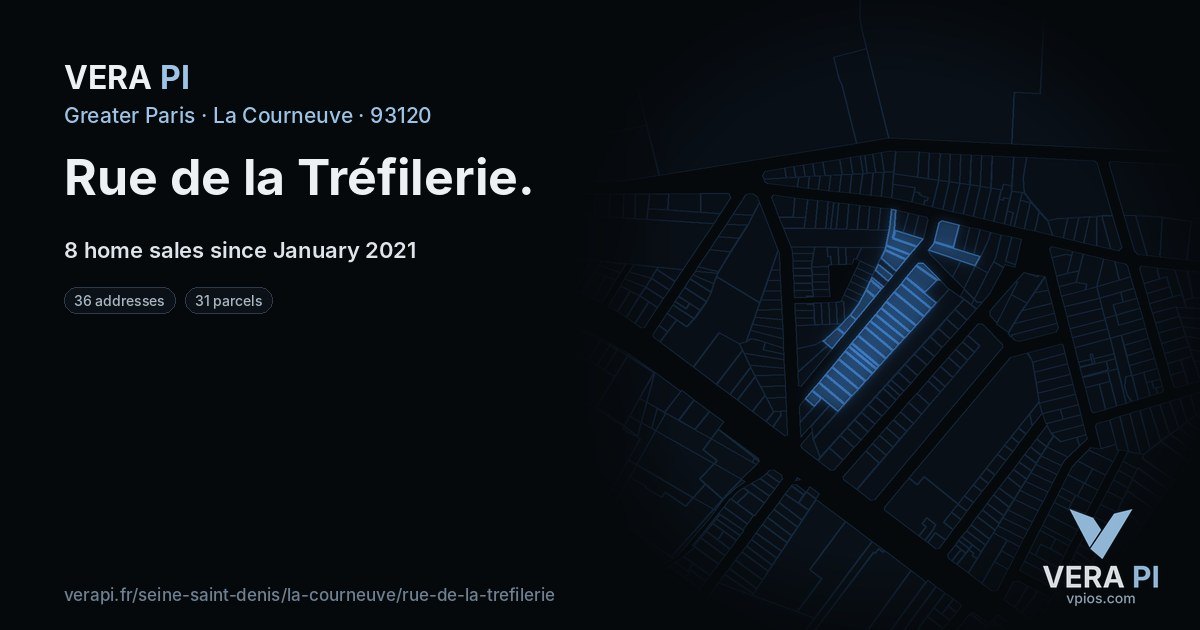 Rue de la Tréfilerie, La Courneuve at night – every parcel coloured by the prices around it, the street's own parcels lit