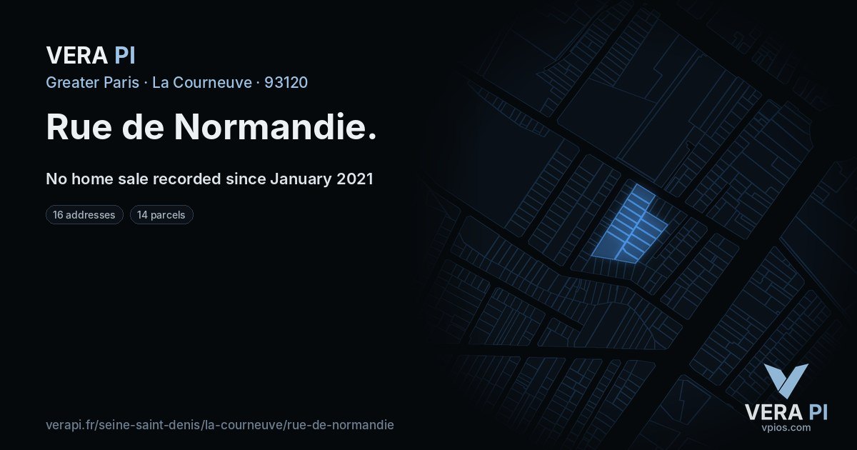 Rue de Normandie, La Courneuve at night – every parcel coloured by the prices around it, the street's own parcels lit