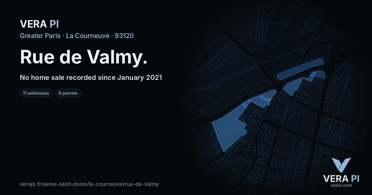 Rue de Valmy, La Courneuve at night – every parcel coloured by the prices around it, the street's own parcels lit