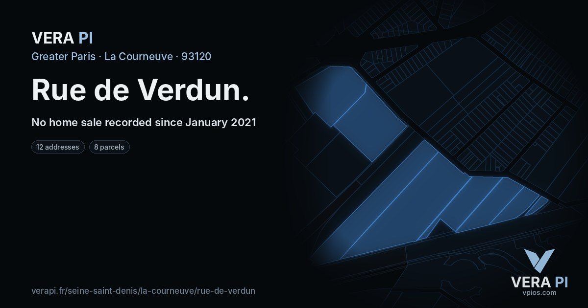 Rue de Verdun, La Courneuve at night – every parcel coloured by the prices around it, the street's own parcels lit