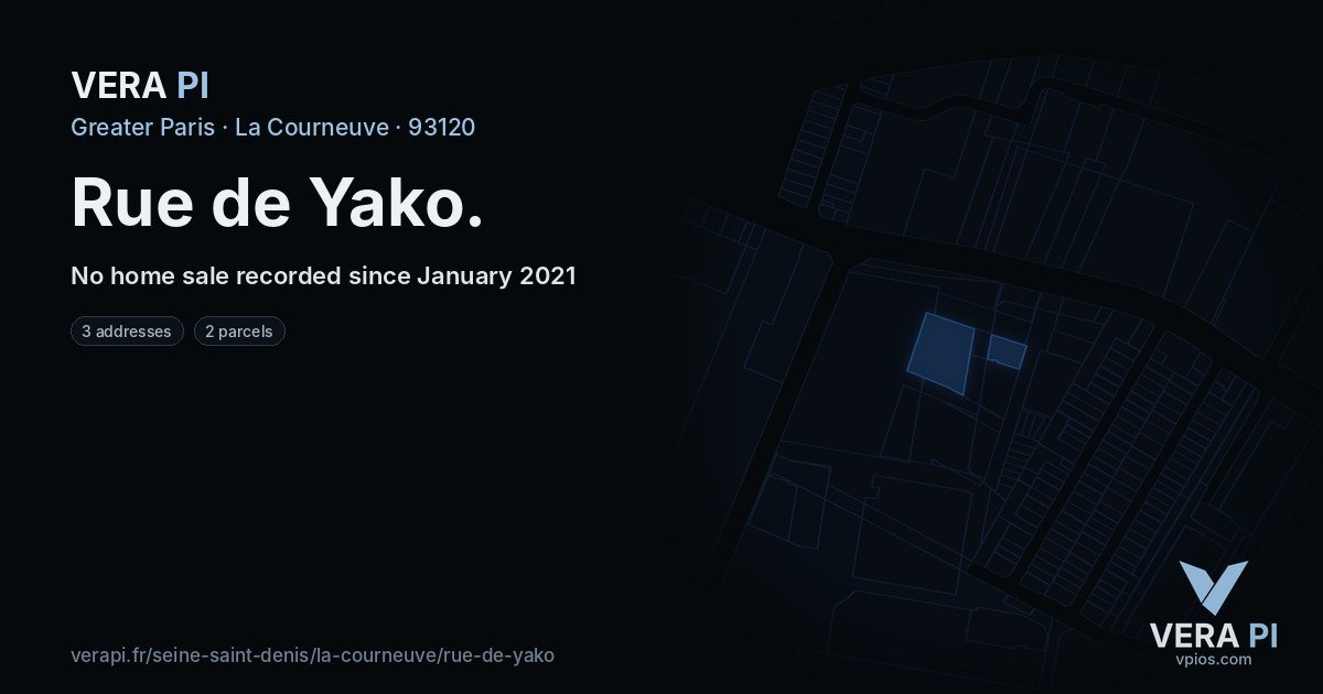 Rue de Yako, La Courneuve at night – every parcel coloured by the prices around it, the street's own parcels lit
