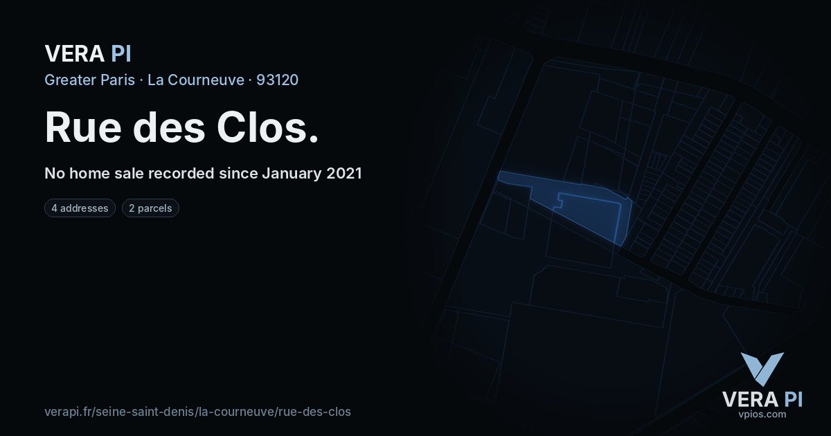 Rue des Clos, La Courneuve at night – every parcel coloured by the prices around it, the street's own parcels lit