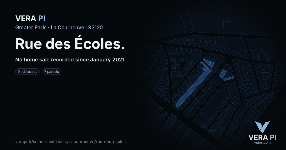 Rue des Écoles, La Courneuve at night – every parcel coloured by the prices around it, the street's own parcels lit